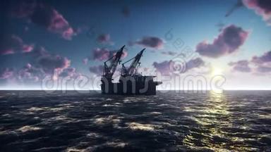 日出时在海上钻探石油海洋平台。 真实的电影动画。